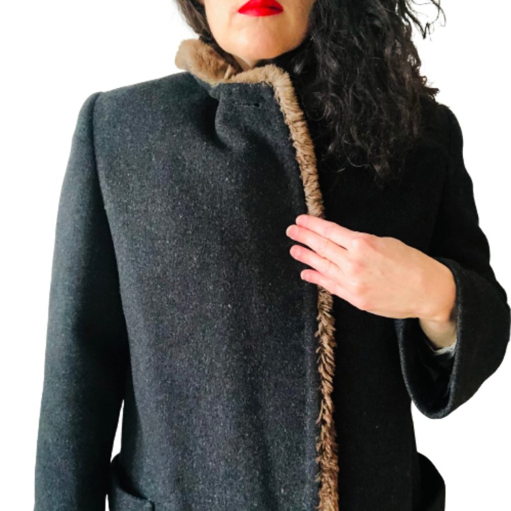Vintage Perry Ellis Gray 100% Wool Fur Collar Dark Academia Coat USA ILGWU Made - Picture 5 of 16